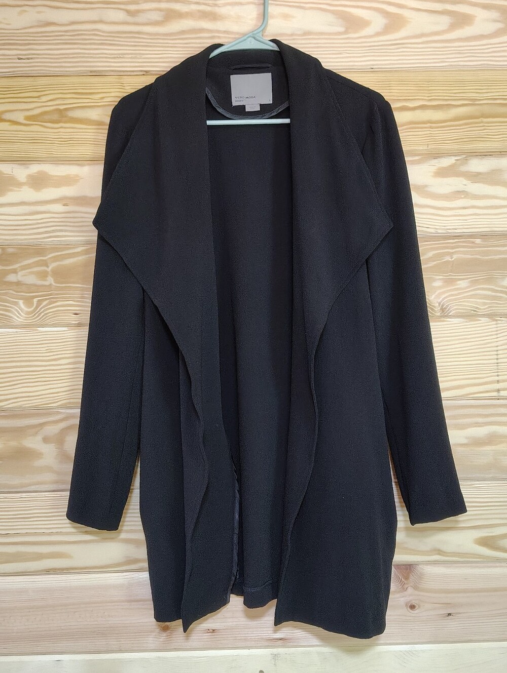 Vero Moda Black Draped Open Front Jacket Longline Small Belted Pockets Oversized